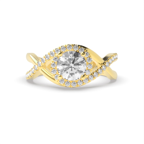 4 Prong Round Yellow Gold criss-cross Shank twisted halo Unique Engagement Rings