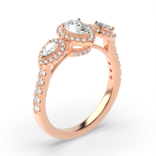 Buy Three Stone Pear Halo Diamond Engagement Ring - Abelini