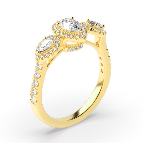 Buy Three Stone Pear Halo Diamond Engagement Ring - Abelini
