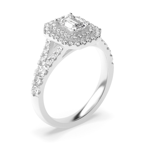 prong setting emerald shape halo side stone engagement diamond ring