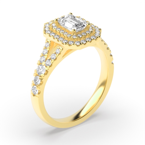 4 Prong Emerald Yellow Gold Halo Diamond Rings