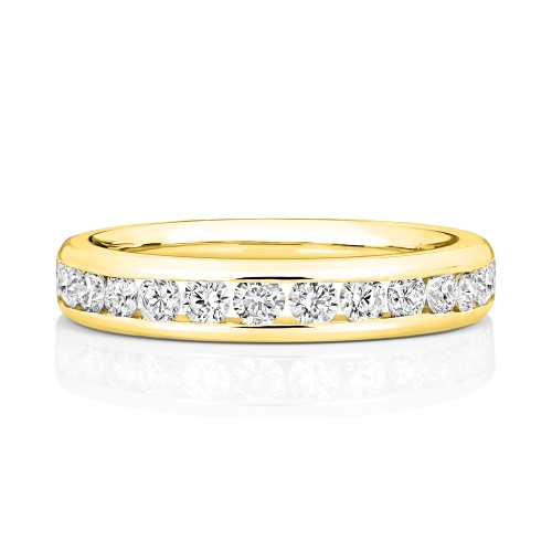Channel Setting Round Yellow Gold Opalescence Eternity Diamond Rings