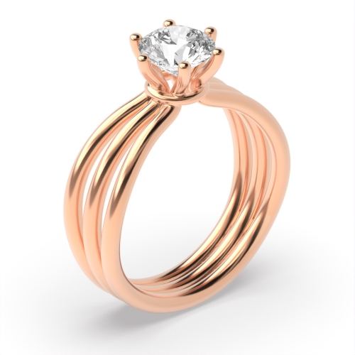 6 Prong Round Rose Gold Three bands Engagement Rings
