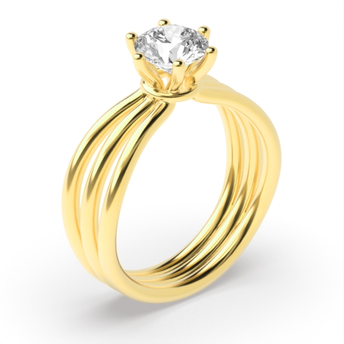 6 Prong Round Yellow Gold Three bands Engagement Rings