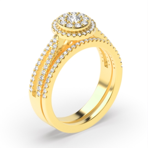 4 Prong Round Yellow Gold Matching band Halo Engagement Rings