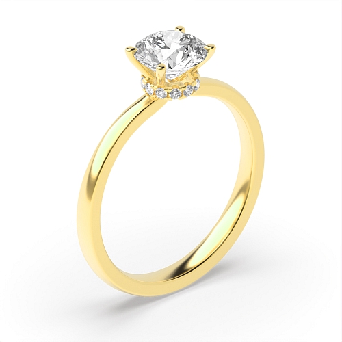 4 Prong Round Yellow Gold Hidden Halo delicate shoulder Engagement Rings