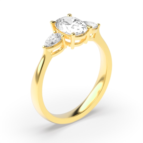 4 Prong Oval/Pear Yellow Gold Classic Basket Three Stone Engagement Ring