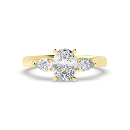 4 Prong Oval/Pear Yellow Gold Classic Basket Three Stone Engagement Ring