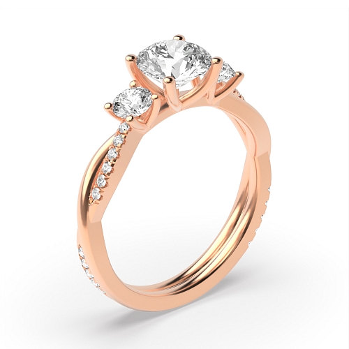 4 Prong Round Rose Gold Twisting shoulder Trilogy Engagement Rings