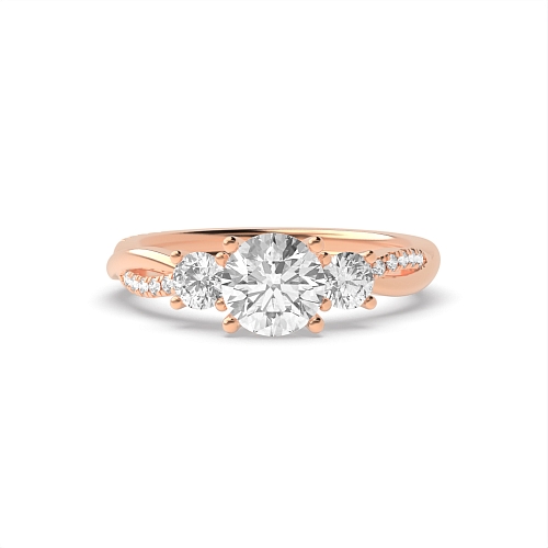 4 Prong Round Rose Gold Twisting shoulder Trilogy Engagement Rings