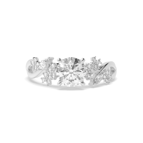 4 Prong Round tulip head unique Side Stone Engagement Ring