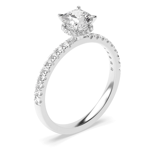 4 Prong Cushion Hidden halo pave set Engagement Rings