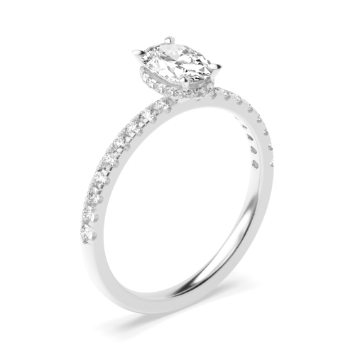 4 Prong Oval Silver Hidden Halo Pave set Side Stone Diamond Ring