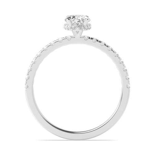 4 Prong Oval Silver Hidden Halo Pave set Side Stone Engagement Ring