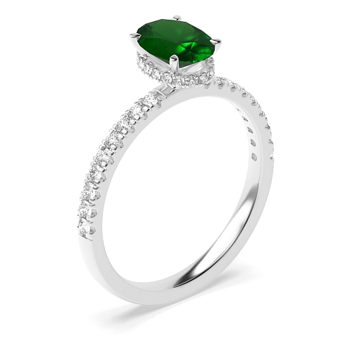 4 Prong Hidden halo pave set Emerald Side Stone Engagement Rings