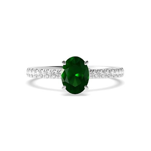 4 Prong Hidden halo pave set Emerald Side Stone Engagement Rings