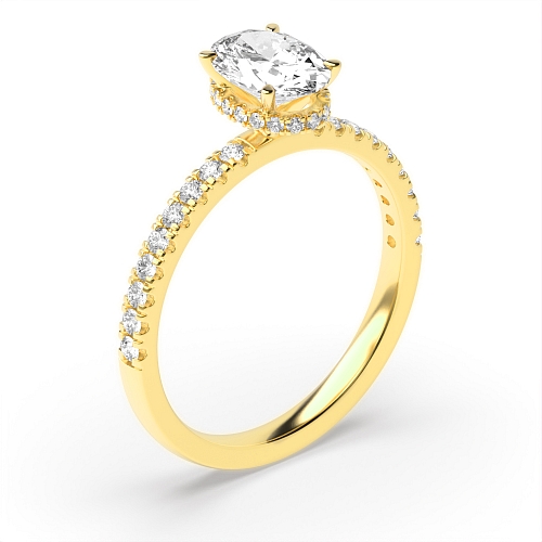 4 Prong Yellow Gold Hidden halo pave set Side Stone Engagement Rings