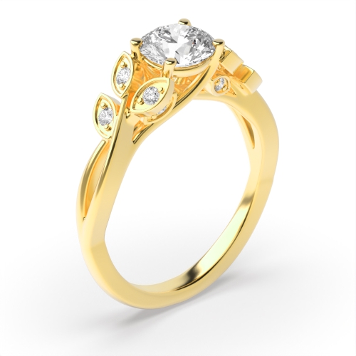 4 Prong Round Yellow Gold Designer leafs shoulder Unique Engagement Rings