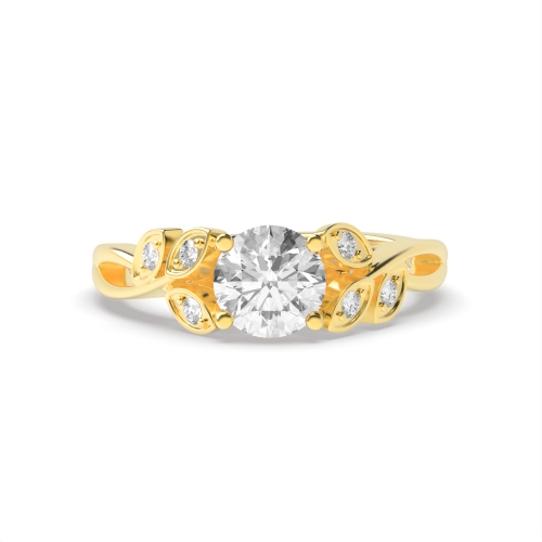 4 Prong Round Yellow Gold Designer leafs shoulder Unique Engagement Rings