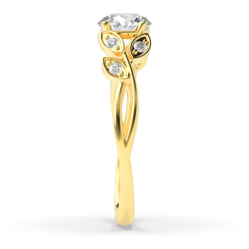 4 Prong Round Yellow Gold Designer leafs shoulder Unique Engagement Rings