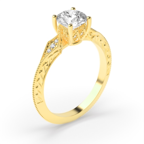 4 Prong Round Yellow Gold Milligrain antique Unique Engagement Rings