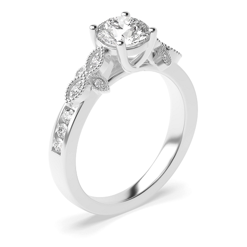 4 Prong Round Designer milligrains Side Stone Engagement Rings