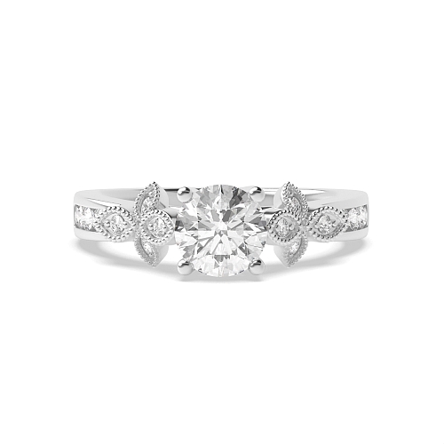 4 Prong Round Designer milligrains Side Stone Engagement Rings