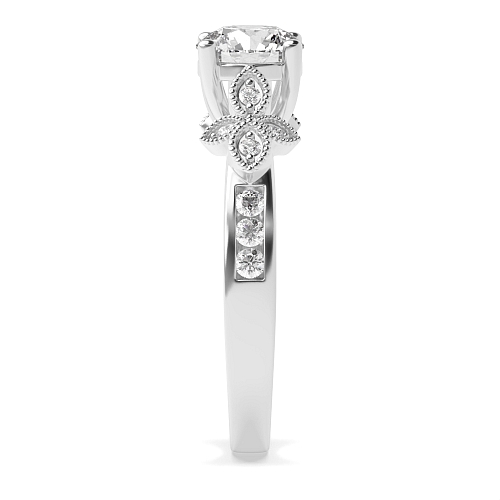 4 Prong Round Designer milligrains Side Stone Engagement Rings