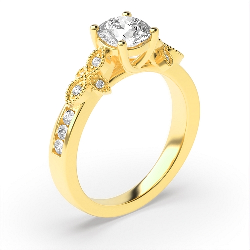 4 Prong Round Yellow Gold Designer milligrains Unusual Engagement Rings