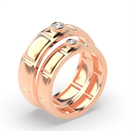 Bezel Setting Round Rose Gold Couple band simple Couples Engagement Rings