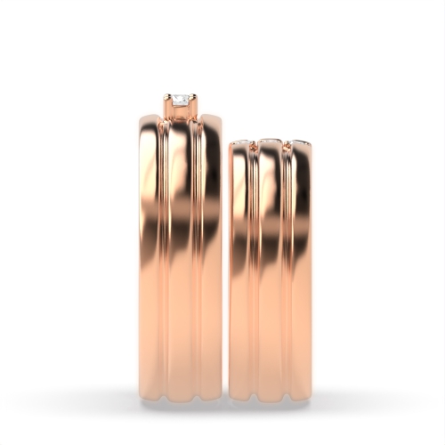 4 Prong Round Rose Gold Couple three plain row Couples Engagement Rings