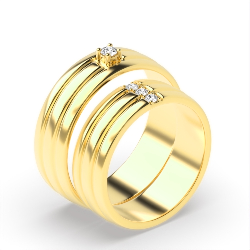 4 Prong Round Yellow Gold Couple three plain row Couples Engagement Rings