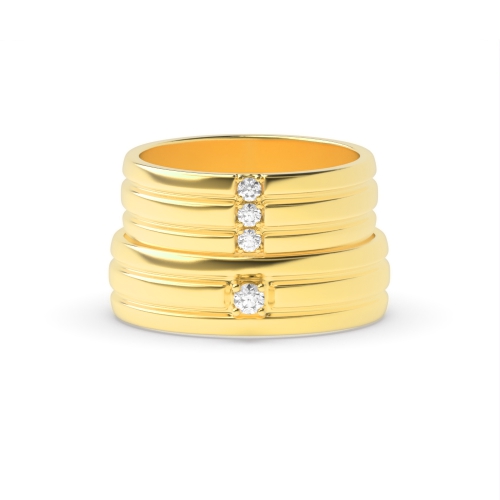 4 Prong Round Yellow Gold Couple three plain row Couples Engagement Rings