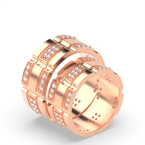 Pave Setting Round Rose Gold Block Couples Engagement Rings