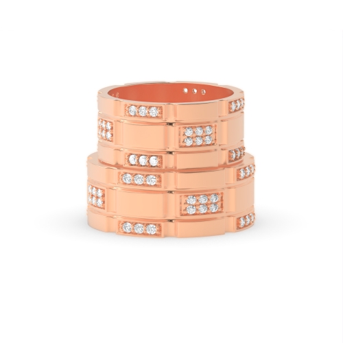 Pave Setting Round Rose Gold Block Couples Engagement Rings