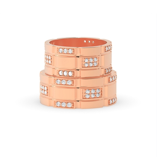 Pave Setting Round Rose Gold Block Couples Engagement Rings
