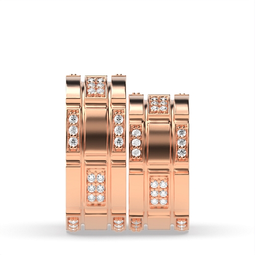 Pave Setting Round Rose Gold Block Couples Engagement Rings