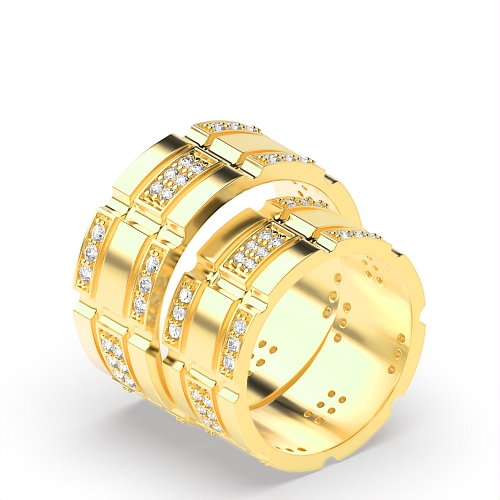 Pave Setting Round Yellow Gold Block Couples Engagement Rings