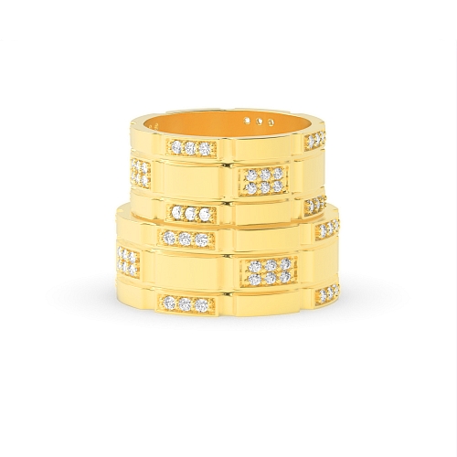 Pave Setting Round Yellow Gold Block Couples Engagement Rings