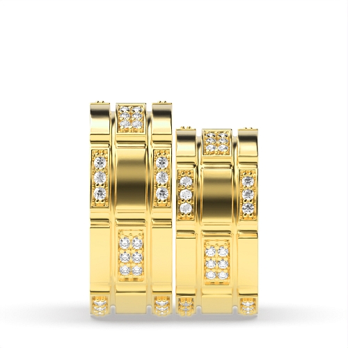 Pave Setting Round Yellow Gold Block Couples Engagement Rings
