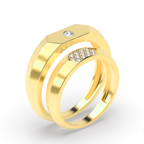 Flush Setting Round Yellow Gold Unique Couples Engagement Rings