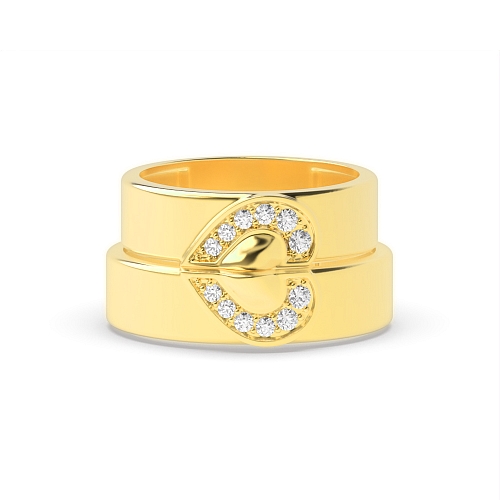 Pave Setting Round Yellow Gold Matching band heart shaped Couples Engagement Rings