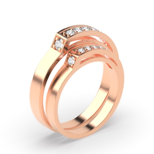 Pave Setting Round Rose Gold Matching band unique Couples Engagement Rings