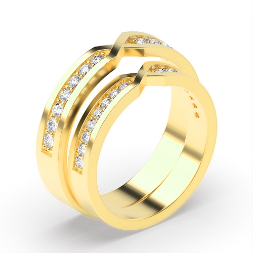 Pave Setting Round Yellow Gold Line couple band Couples Engagement Rings