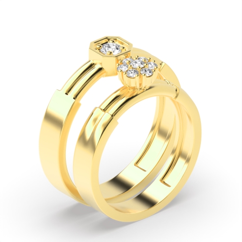 Pave Setting Round Yellow Gold Couple band wedding cluster Couples Engagement Rings