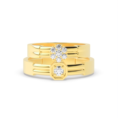 Pave Setting Round Yellow Gold Couple band wedding cluster Couples Engagement Rings