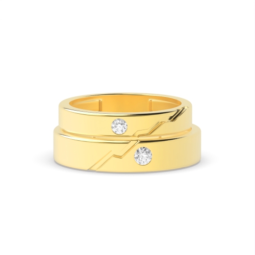 Bezel Setting Round Yellow Gold Wavy couple band Couples Engagement Rings