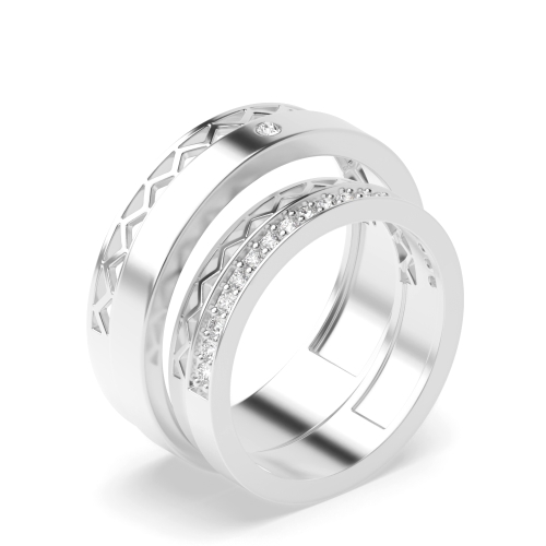pave setting round shape diamond couple band wedding ring