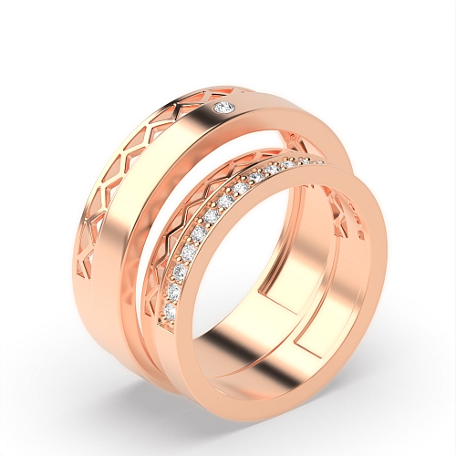 Pave Setting Round Rose Gold wavy Couples Engagement Rings