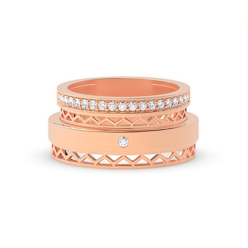 Pave Setting Round Rose Gold wavy Couples Engagement Rings